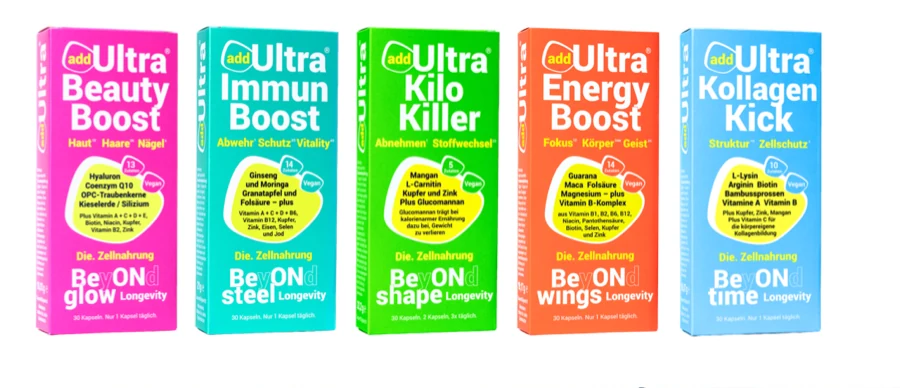 Fünf addUltra Produktverpackungen: Beauty Boost, Immun Boost, Kilo Killer, Energy Boost und Kollagen Kick