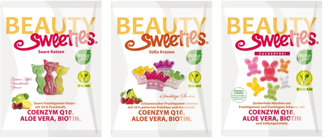 Drei BeautySweeties Verpackungen: Saure Katzen, Süße Kronen und zuckerfreie Häschen
